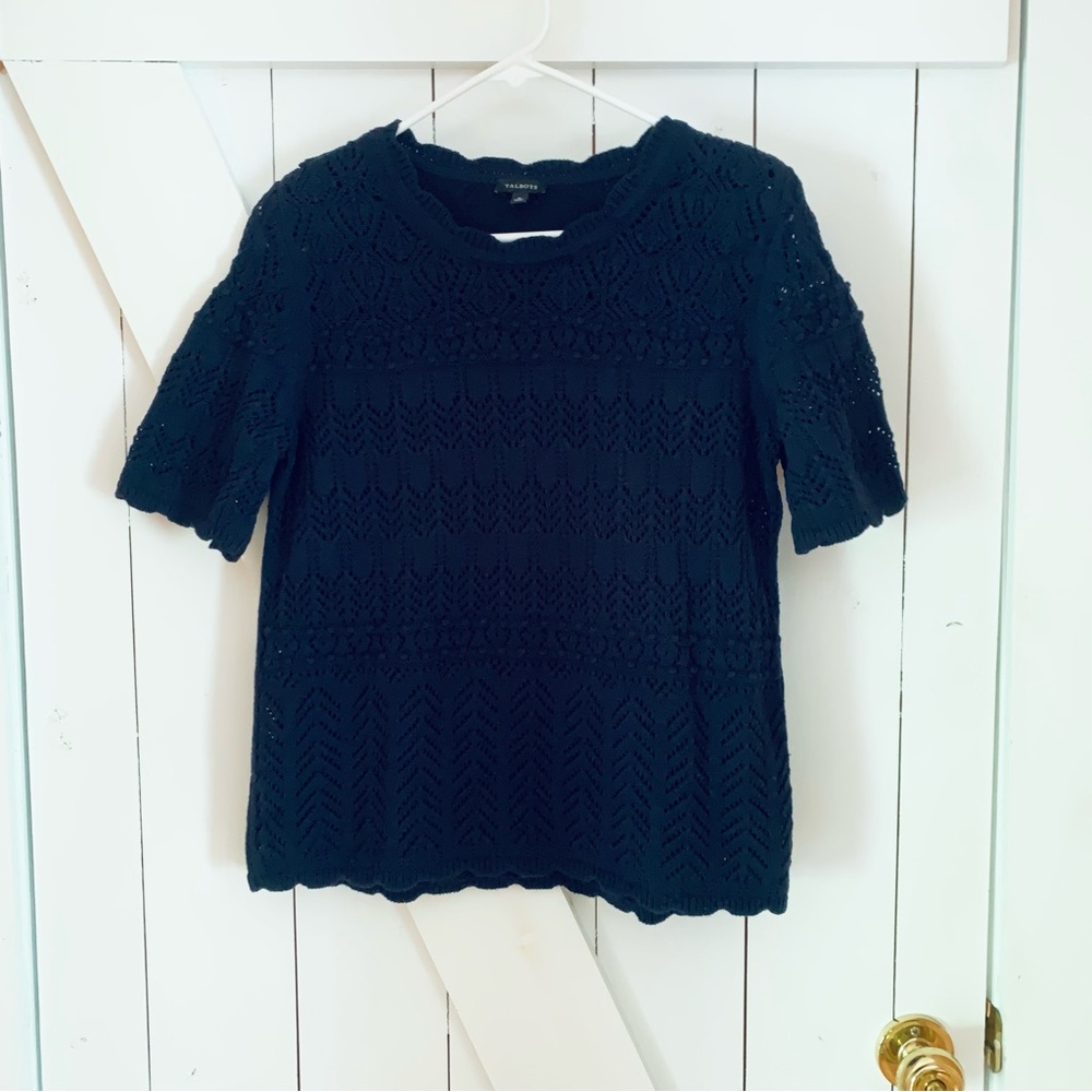 Talbots Short Sleeve Knit Sweater Navy Blue Scalloped Hem